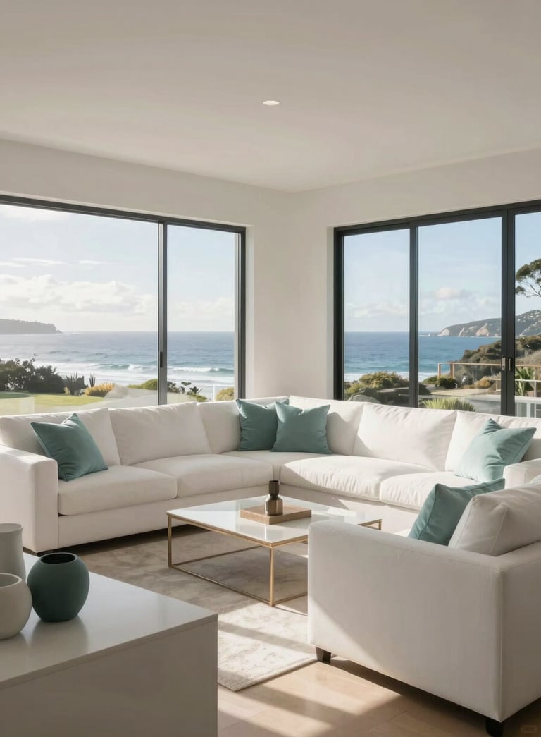 Wide shot of a bright modern Australian living room with large windows overlooking the Bellarine Peninsula coastline, soft morning light, pristine white furniture and light teal cushions.