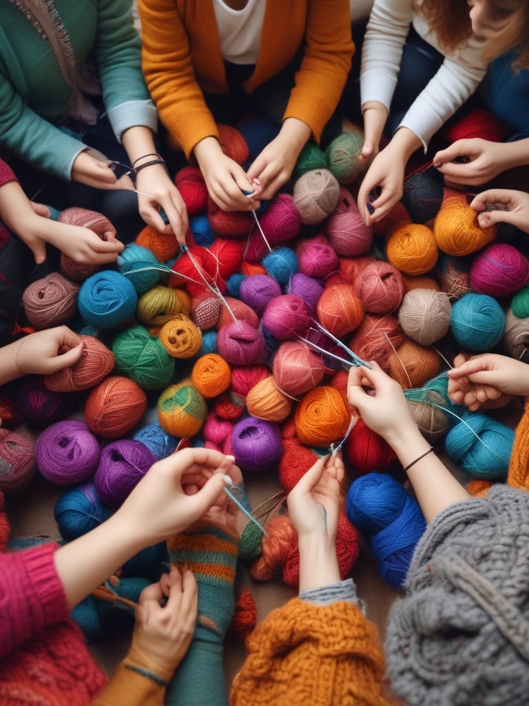 Close-up of colorful yarns and knitting needles ready for a creative workshop.