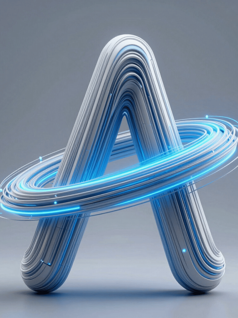 A futuristic abstract digital sculpture with flowing lines of light in light blue-grey and bright blue, symbolizing innovation and connectivity.