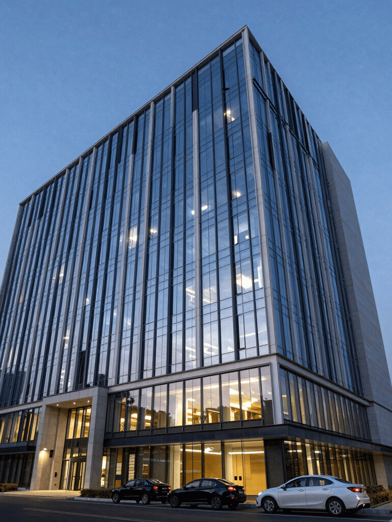 Wide-angle architectural photography of a modern glass-and-steel corporate headquarters in North India during the blue hour, featuring soft exterior lighting and reflecting a professional, trustworthy atmosphere with deep blue and white tones.