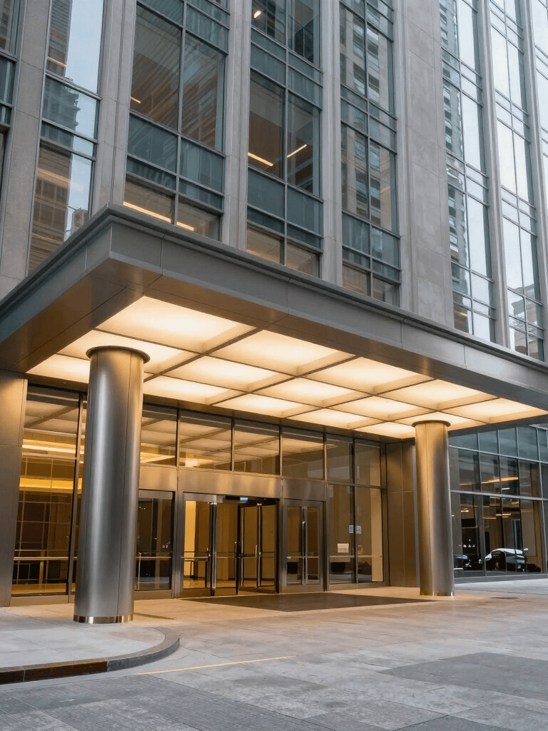 A wide-angle professional photograph of a large, modern corporate entryway in a North American city. The architecture features glass and steel with sophisticated lighting, highlighting an established and professional presence.