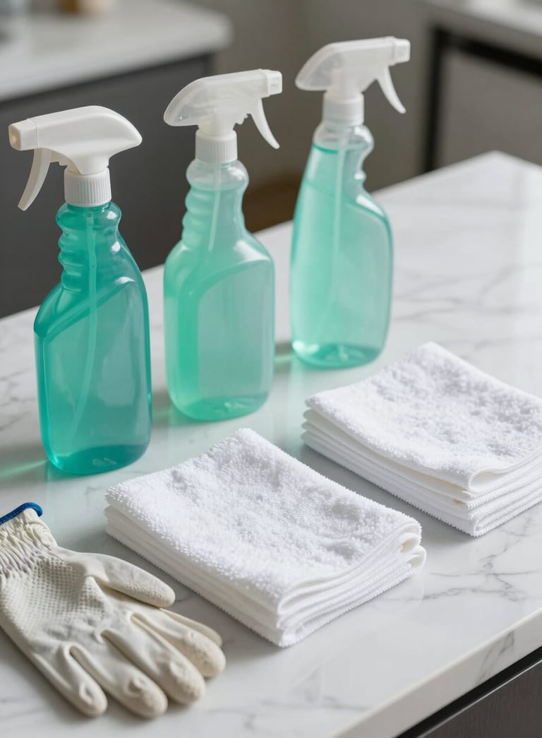 A professional cleaning kit organized on a sleek white marble surface. The kit includes eco-friendly spray bottles in ocean green, microfibre cloths in soft white, and a pair of professional gloves. The lighting is bright and clean, emphasizing a high-standard hospitality service.