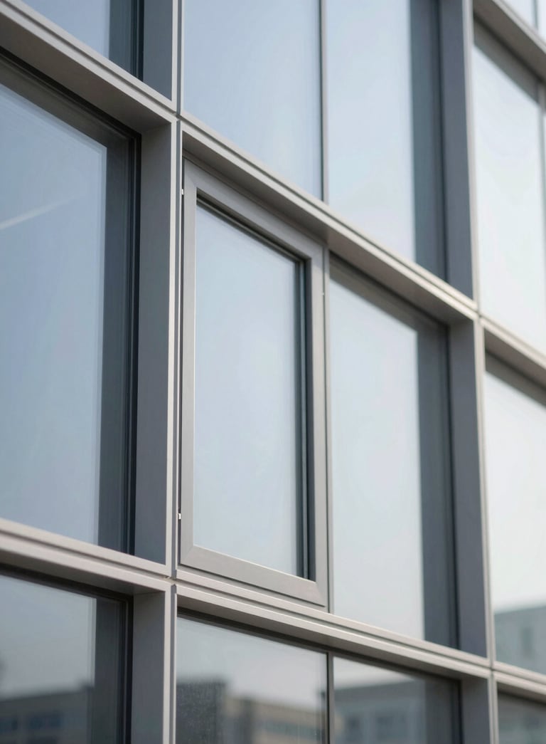 A sleek architectural close-up of high-quality aluminium window frames installed in a professional office building, clean lines, morning light, modern craftsmanship style using #B7A598 and #2C272E tones.