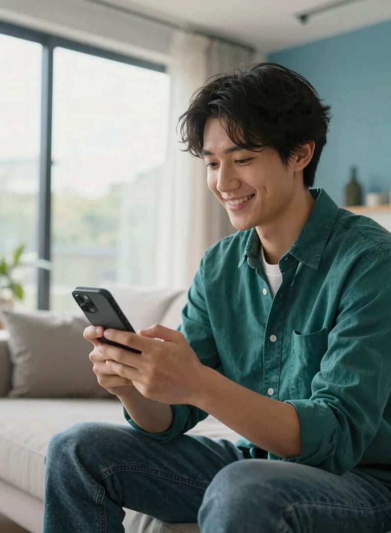 A person in a modern North American / US living room smiling while using a smartphone, soft natural lighting coming from a large window, vibrant deep teal and soft sky blue accents in the decor, clean and approachable aesthetic, professional photography.