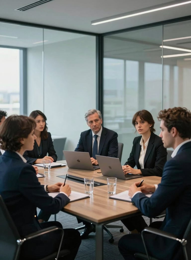A group of focused professionals in a sleek, modern European / French office meeting room with glass walls, soft morning lighting, featuring dark navy and sky blue color tones in the background and attire.