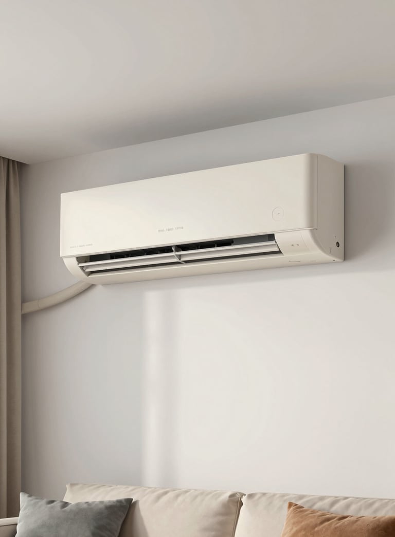 A sleek split air conditioning unit mounted on a minimalist white wall in a modern Latin American living room. Soft daylight, clean lines, professional photography using off-white and light blue tones.