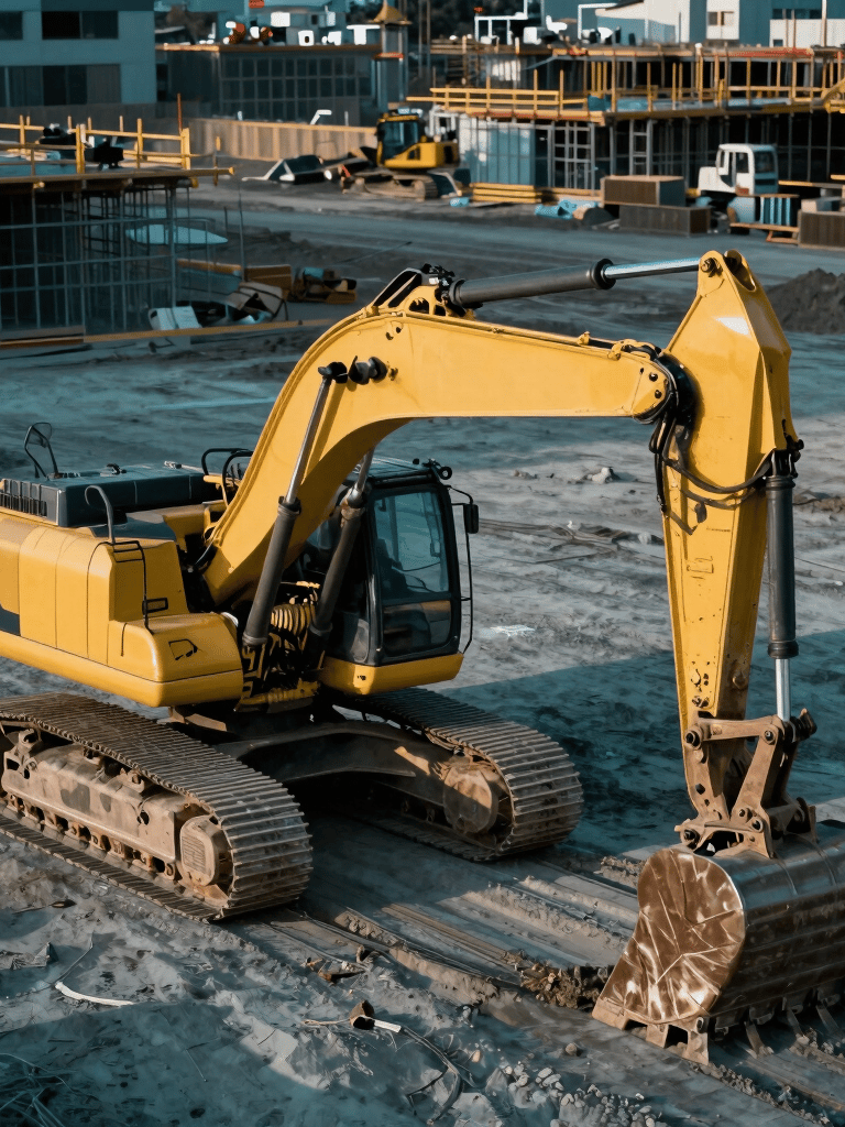 A clean, high-angle shot of a powerful yellow excavator working on a North American construction site. The lighting is crisp afternoon sun. Muted blue-green and dark blue-green tones in the shadows. Professional photography style.