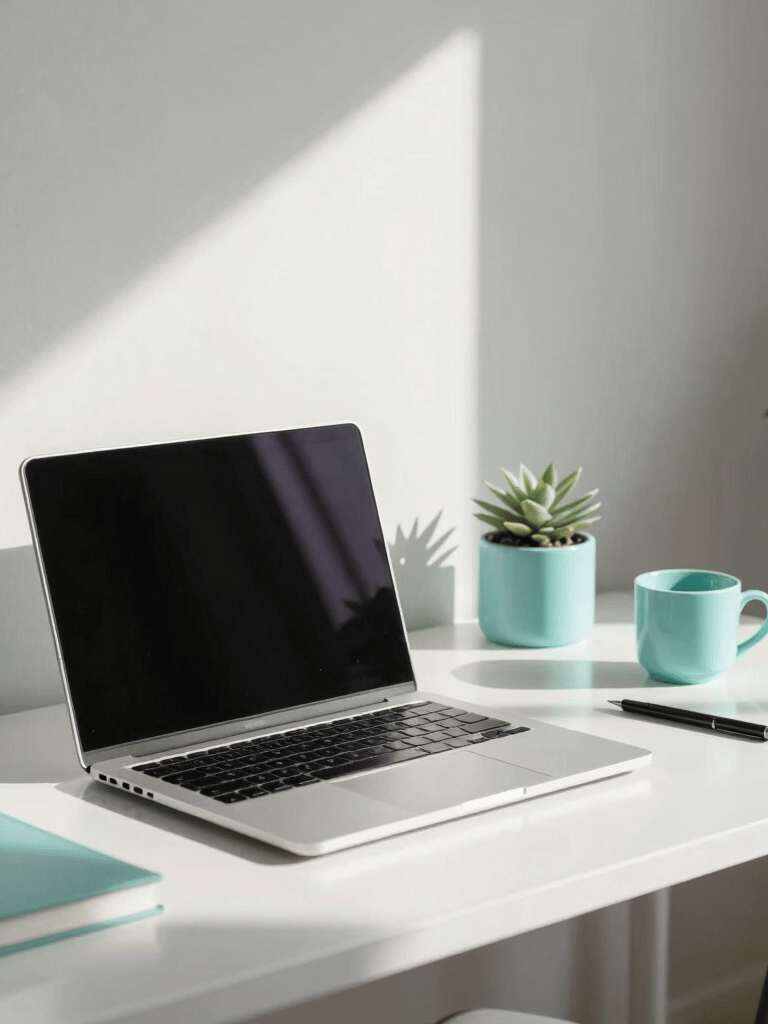 A modern, minimalist workspace in the Lot region, France, featuring a laptop on a white desk, natural sunlight, and soft turquoise office accessories.