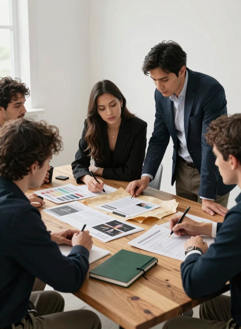 A professional marketing team in a bright North American / European studio planning a social media strategy. They are gathered around a wooden table with a matte forest green notebook and crisp parchment-colored mood boards, showing high-contrast and sophisticated vibes.
