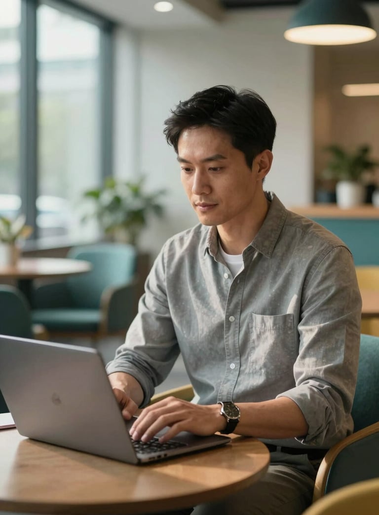 A confident adult learner sitting in a modern, sunlit North American office lounge, using a sleek laptop. The scene features subtle teal and amber accents in the decor with a shallow depth of field and high-end commercial photography style.