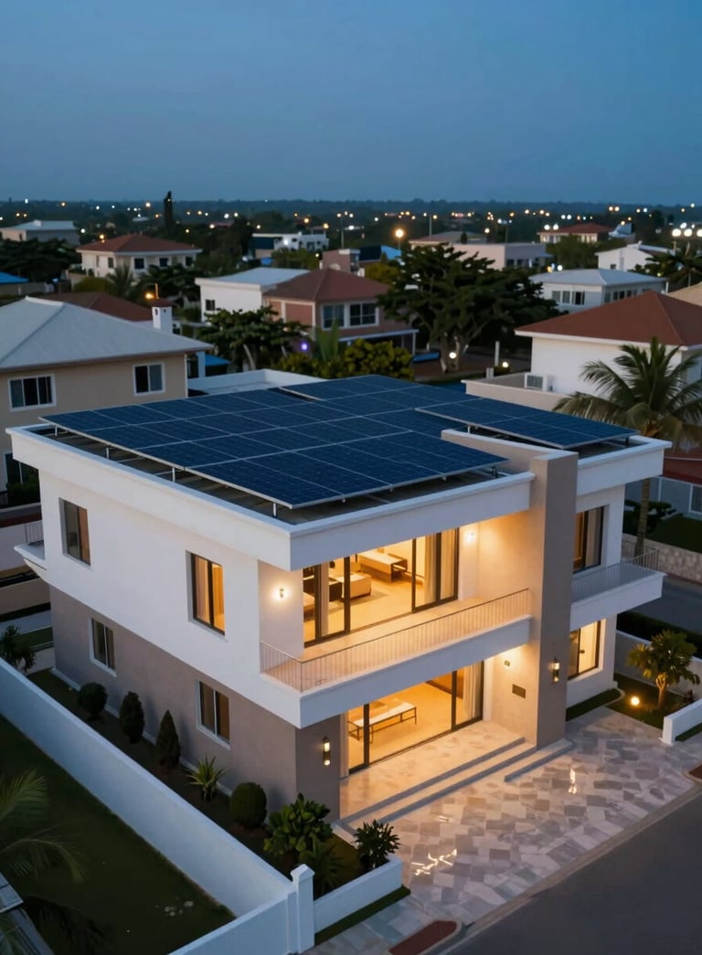 Wide shot of a luxury residential villa in Lagos featuring a large, sleek solar array on its roof. The sky is a deep twilight blue, and the villa is illuminated with warm lights. The composition highlights the integration of clean energy and modern architecture, featuring #0F1D2C and #B49A67 accents.
