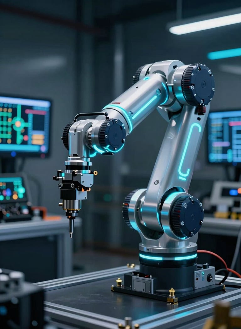 Cinematic close-up of a high-precision robotic arm in motion within a dark, high-tech factory setting. Neon blue and cyan light accents trace the metallic joints of the machine. The background is a sophisticated Latin American / Spanish-speaking engineering facility with soft bokeh of electronic circuits and digital interfaces.