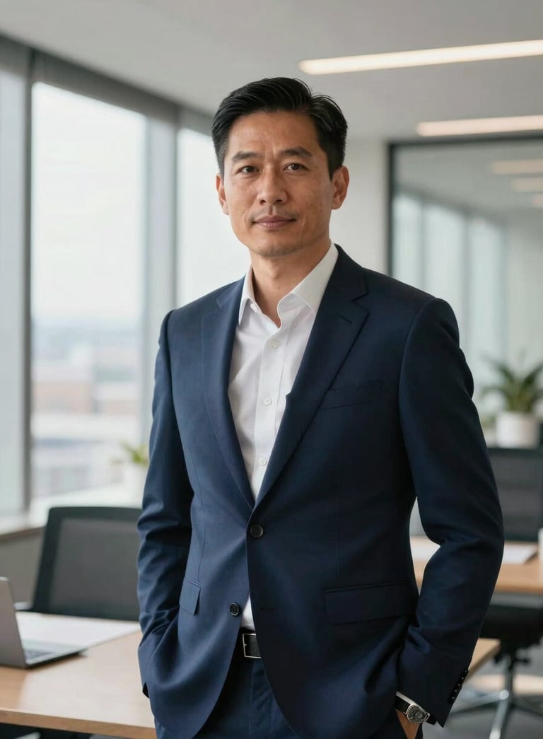 A professional North American business strategist in a navy blue blazer, standing in a sunlit modern high-rise office. The atmosphere is sophisticated and clean with soft natural lighting.