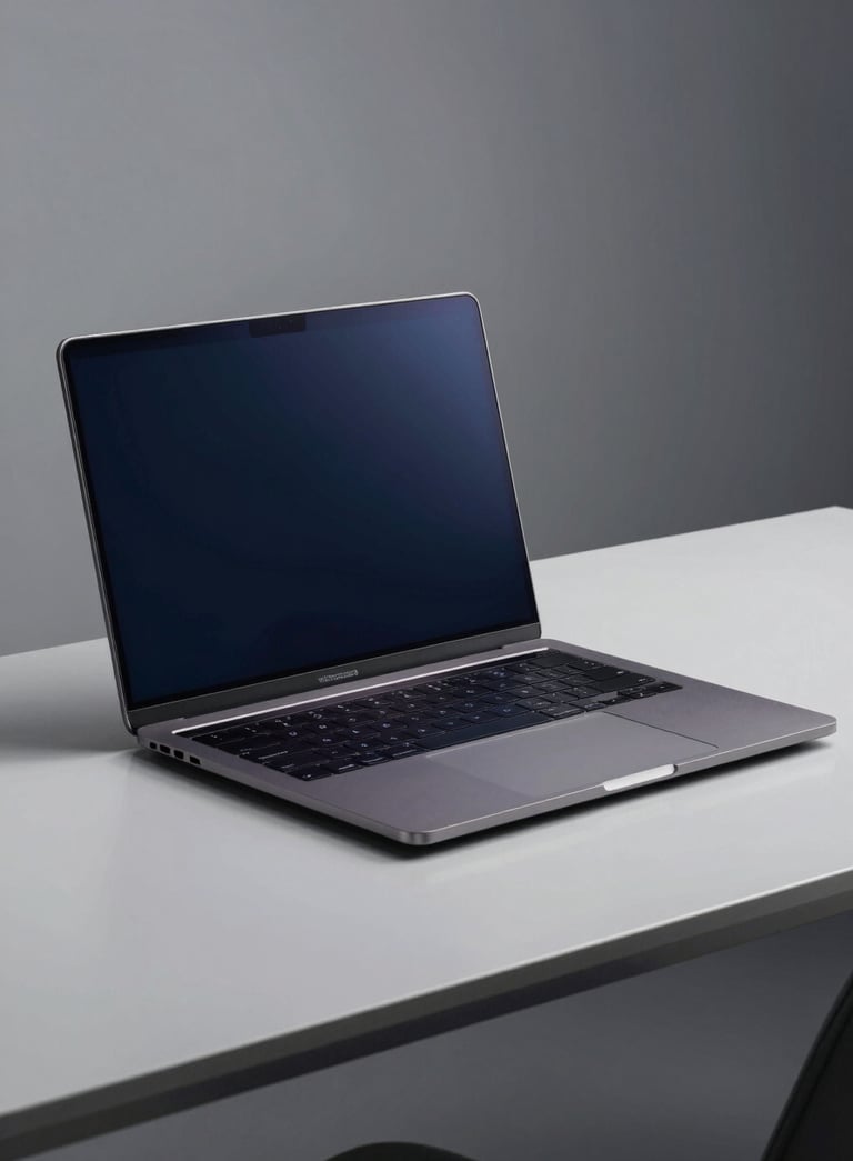 A professional studio shot of a high-end business laptop open on a minimalist desk, reflecting deep blue and light grey tones, elegant and powerful appearance.
