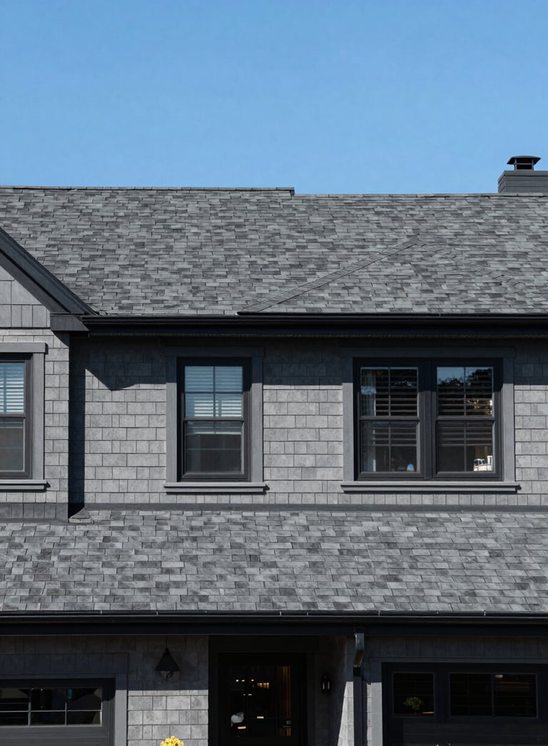 A professional wide-angle shot of a residential home in New York City with a brand-new dark grey shingle roof, sharp focus, clear blue sky, modern and trustworthy aesthetic, North American / New York City.