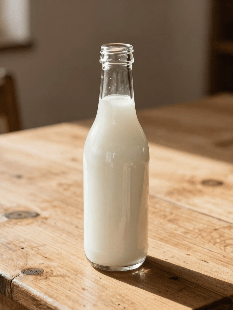 An elegant glass bottle of fresh, white kefir on a rustic light wood table, warm sunlight, minimalist composition, serene Mexican farmhouse atmosphere.