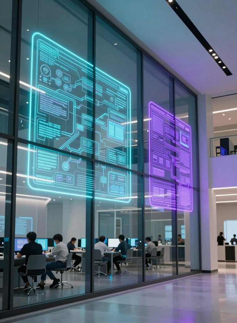 A futuristic photography of a high-tech North American learning center with glass walls, featuring floating holographic light displays in electric cyan and vibrant purple, sleek and modern architectural design.