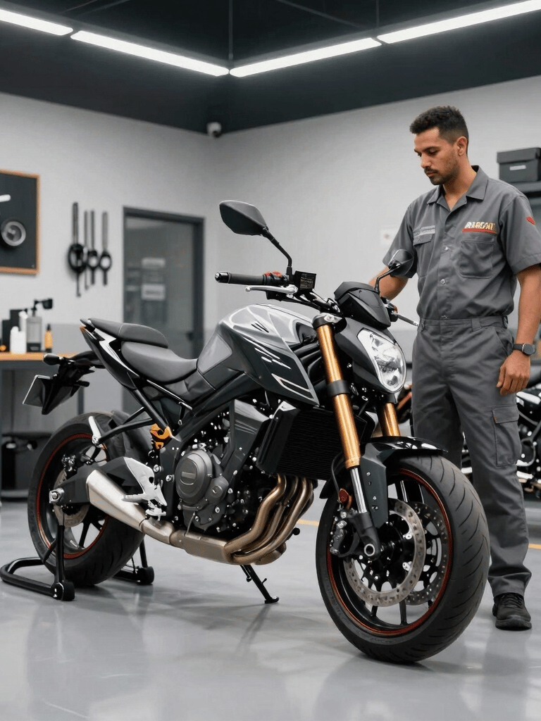 A wide photography shot of a modern and clean motorcycle workshop in Brazil. A technician in professional gray attire stands next to a high-end street bike. The environment is organized and reflects expertise. Near black and light gray palette.