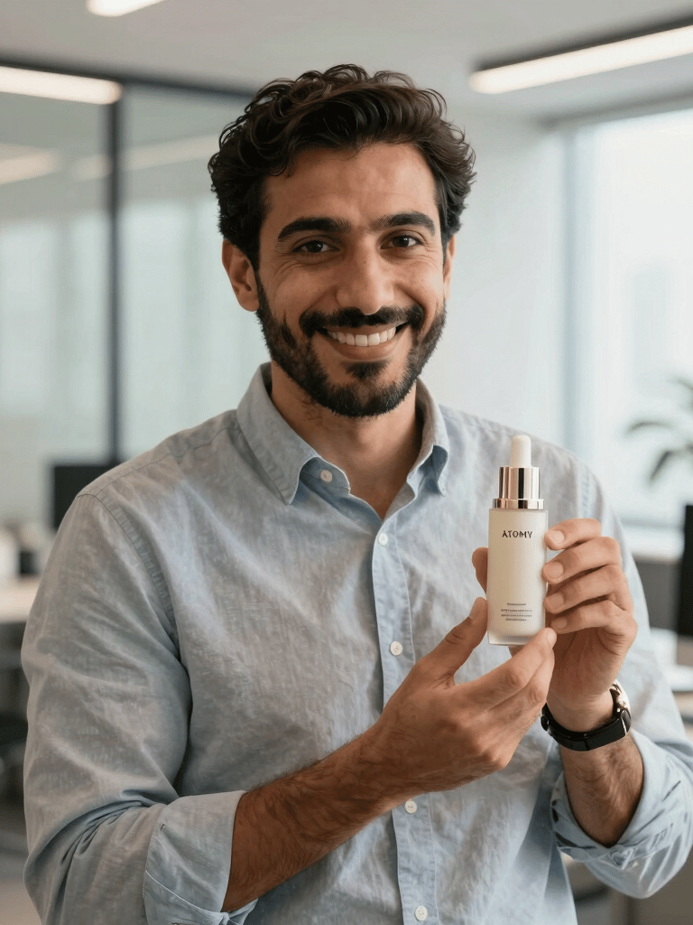 A professional Middle Eastern entrepreneur smiling confidently in a modern, bright office space, holding an elegant Atomy skincare product, warm and inviting atmosphere.
