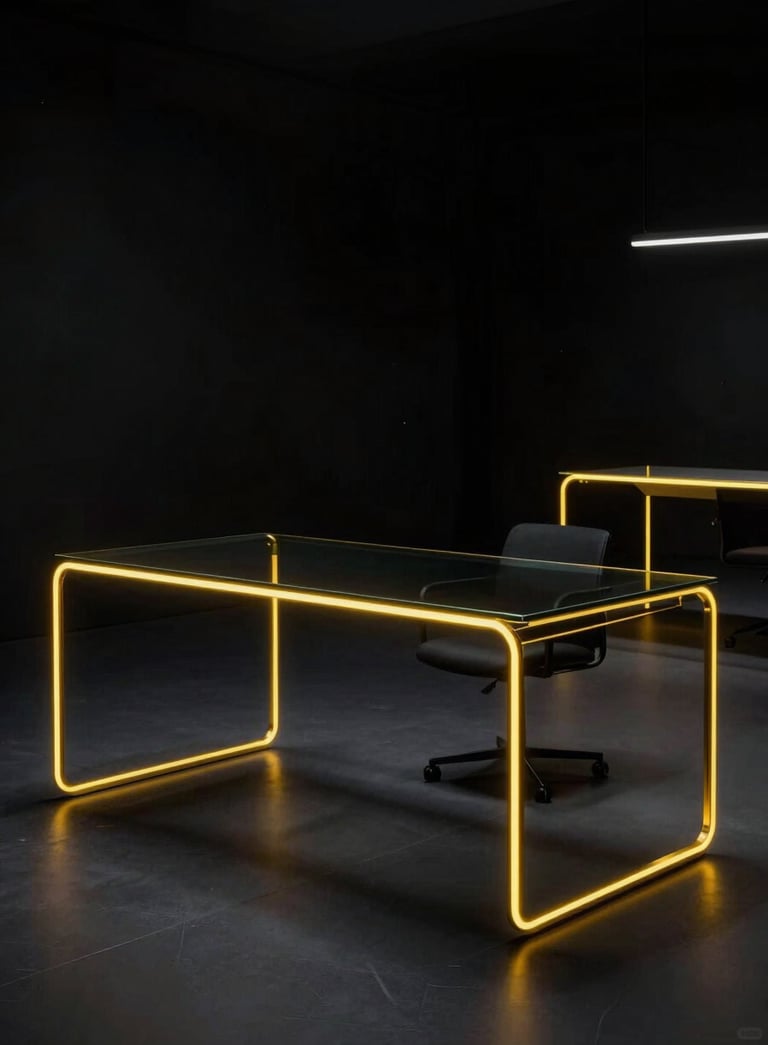A high-end, minimalist photography of a futuristic workspace at night. The scene is dominated by deep black shadows and sharp neon yellow light strips tracing the edges of a glass desk. Cinematic lighting, sleek and professional atmosphere.