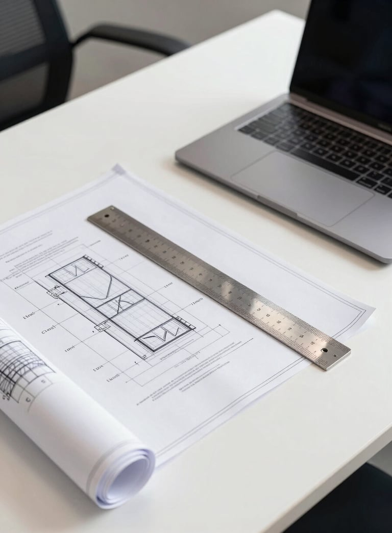 A crisp, high-angle photograph of a modern engineering workstation in a Brazilian office. Engineering blueprints, a professional metallic ruler, and a high-end laptop are neatly arranged on a clean white desk.