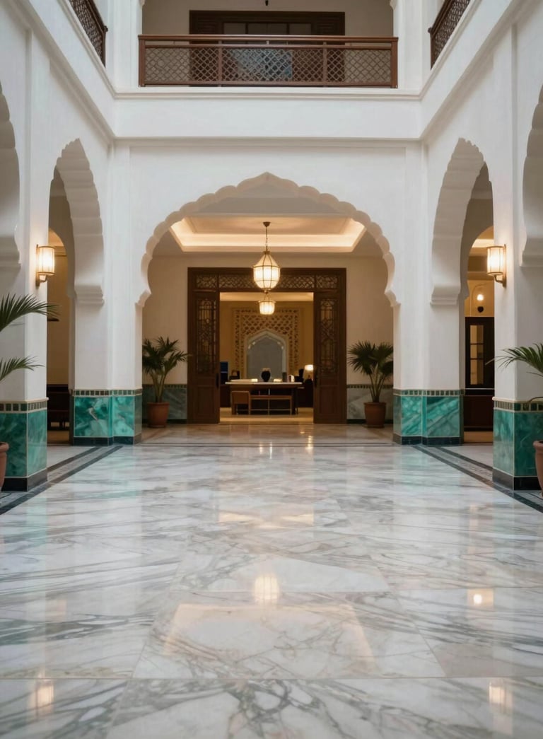 A wide-angle professional photograph of a luxury hotel lobby in Marrakech. The floor is polished marble reflecting soft lighting. The color palette includes Mist White and Medium Teal accents. The atmosphere is quiet, clean, and perfectly maintained.