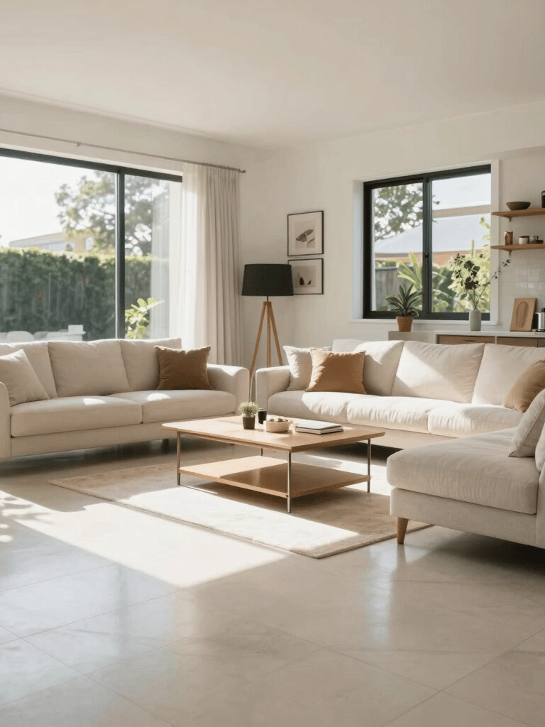A wide-angle professional photograph of a sun-drenched, modern Australian living room with pristine furniture and polished floors, representing a fresh cleaning service.