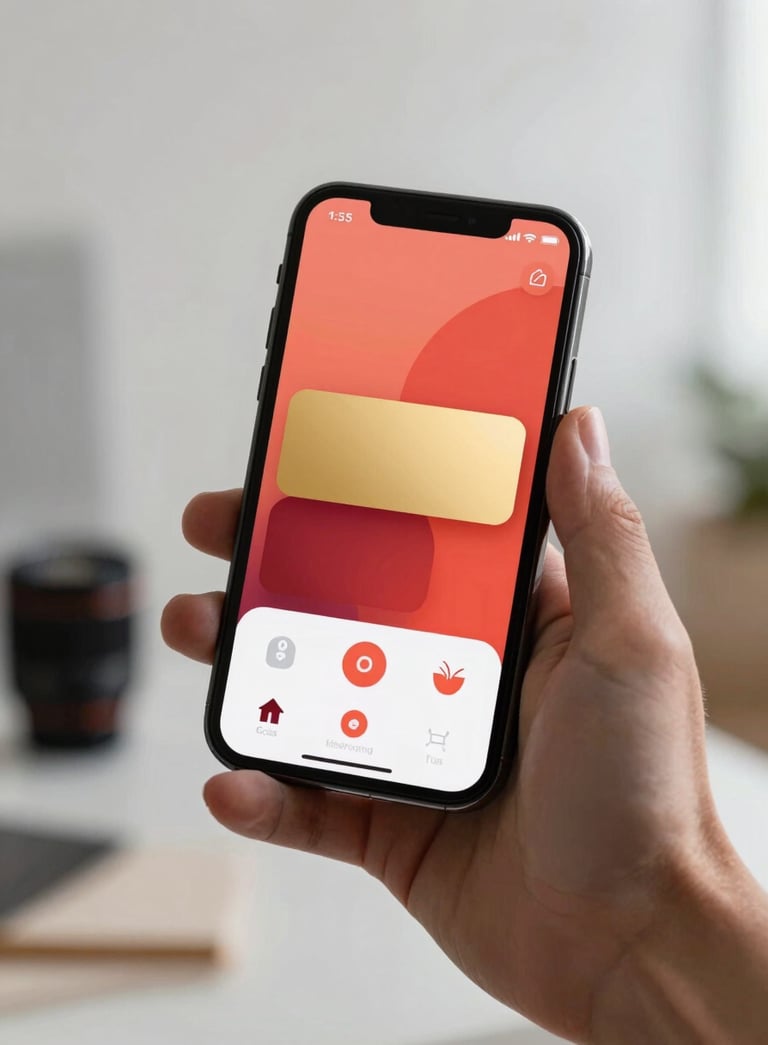 A close-up photograph of a sleek, modern smartphone held by a hand in a bright North American creative studio, displaying a vibrant and user-friendly mobile application interface with soft red and gold tones.