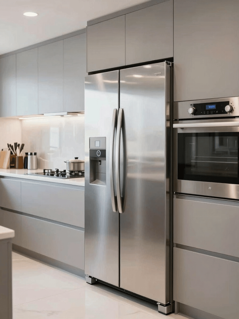 A clean, modern kitchen interior in a Dubai villa featuring high-end stainless steel refrigerators and ovens, bright and efficient lighting, Middle Eastern / Gulf.