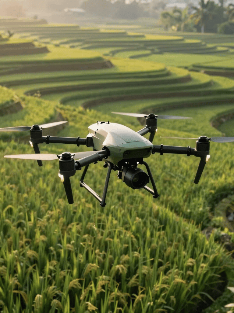 An advanced agricultural drone flying over lush green rice terraces in Southeast Asian / Indonesian landscape, early morning golden light, high-tech farming concept, dark green and sage color tones.