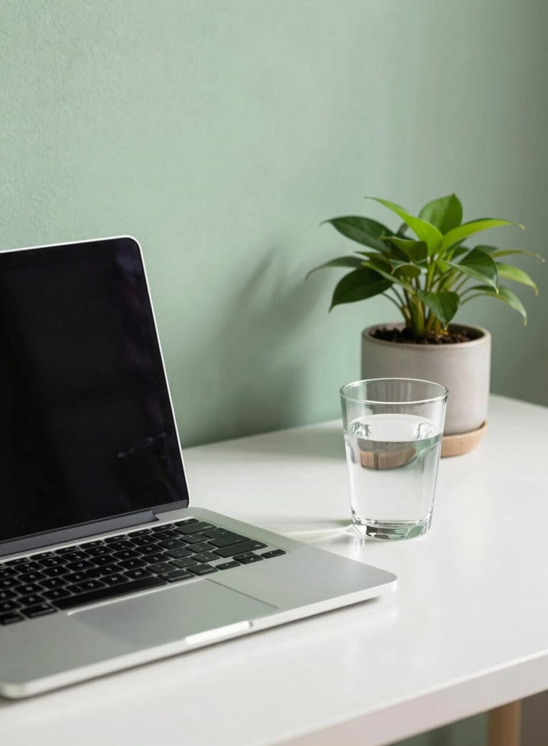 A clean, modern workspace with a sleek laptop and a glass of water. A single green plant sits in a ceramic pot. The lighting is bright and airy, with soft shadows and a wall painted in a gentle Sage Leaf green.