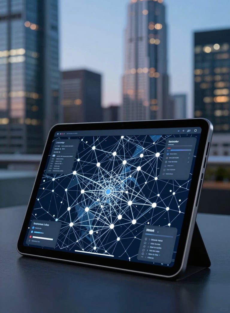A close-up photograph of a sophisticated telecommunications tablet displaying a network map. The scene is set in a modern North American executive office with a background of blurred skyscrapers at twilight. Lighting is bright sky blue and navy.