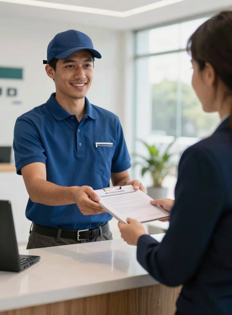 A professional courier in a slate blue uniform handing a secure document to a receptionist in a modern Brazilian corporate lobby, bright natural light, composition focused on the hand-off.
