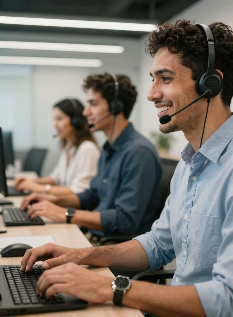 A professional South American / Brazilian customer service team working in a modern, open-plan office. They are wearing headsets and smiling, captured in a candid, high-quality photograph with natural lighting and a sense of dynamic energy.