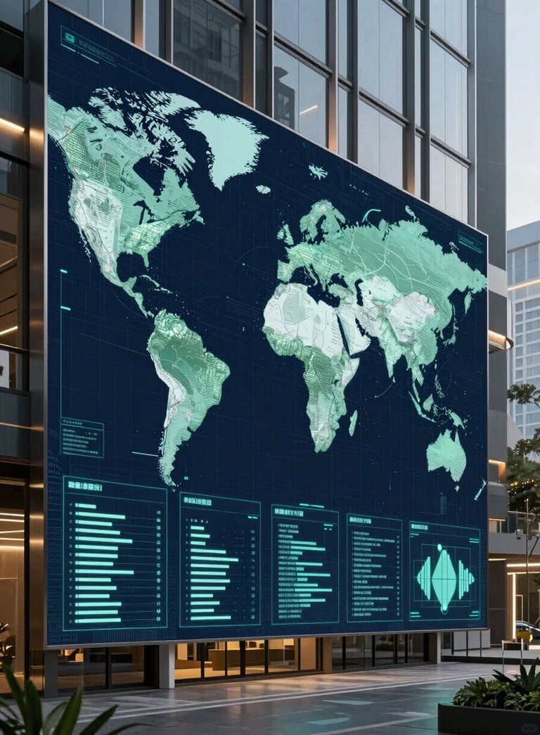 A sophisticated, modern technology hub in Jakarta, glowing with deep navy and sage teal holographic data visualizations and futuristic maps, sleek glass and steel environment.