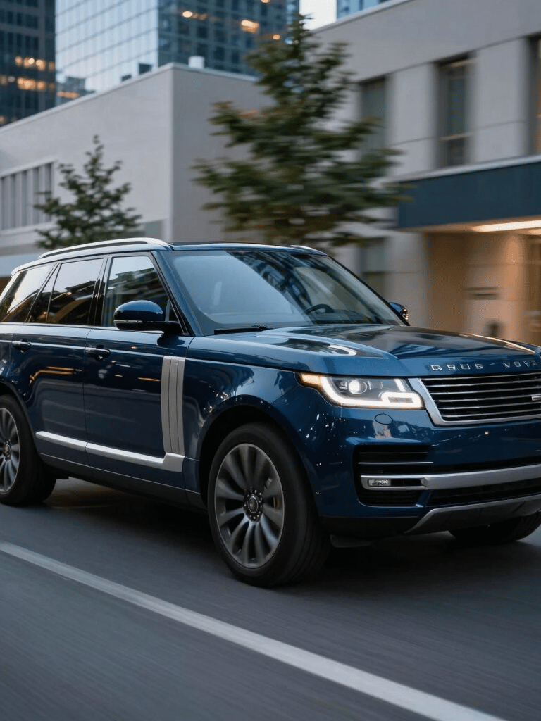 A sleek luxury SUV driving through a clean, modern North American city street at dusk, city lights reflecting on the polished dark blue paint, low angle shot.