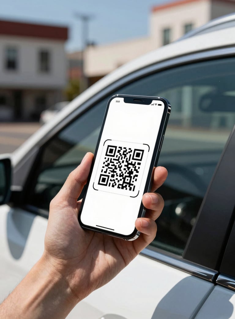 Close-up of a hand holding a sleek smartphone scanning a professional QR code decal on a car window. The background is a sunny North American street with modern architecture.