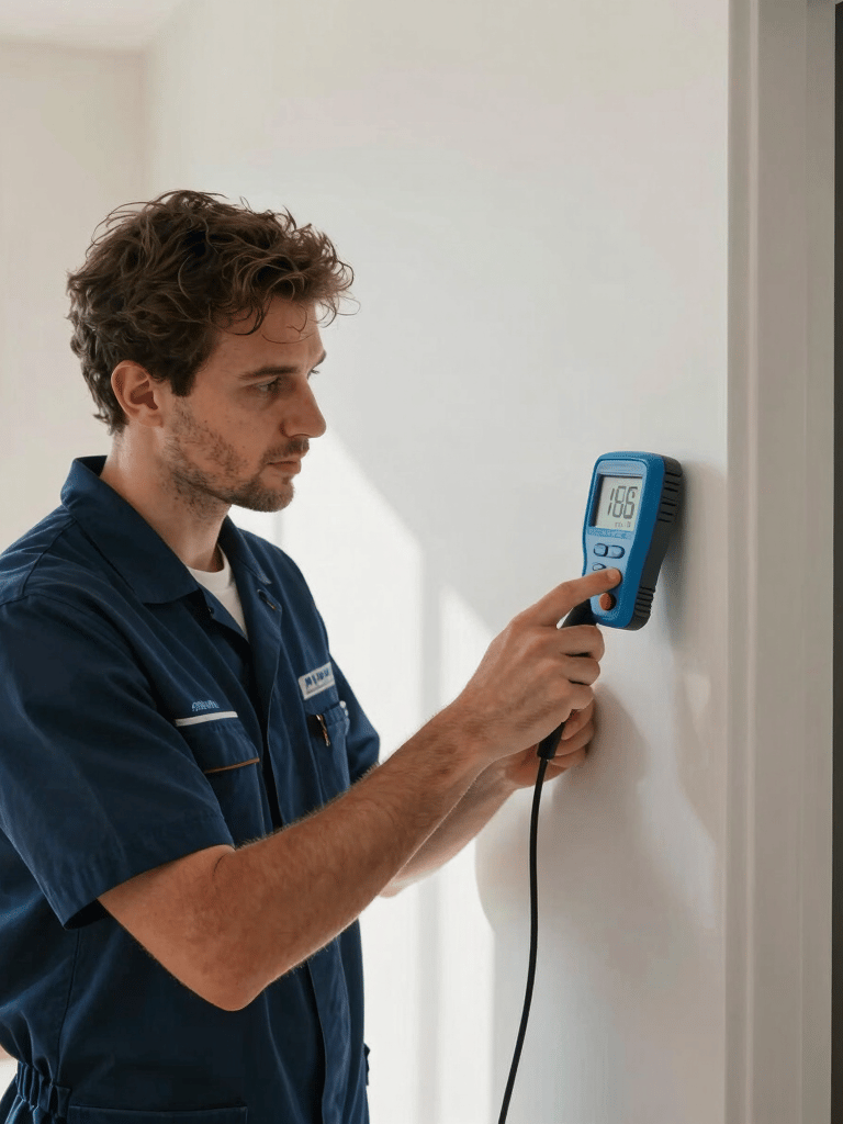 A professional restoration technician in a clean uniform using a high-grade digital moisture meter on a wall inside a modern North American home. Natural sunlight, dark blue and light blue brand colors visible in the scene.