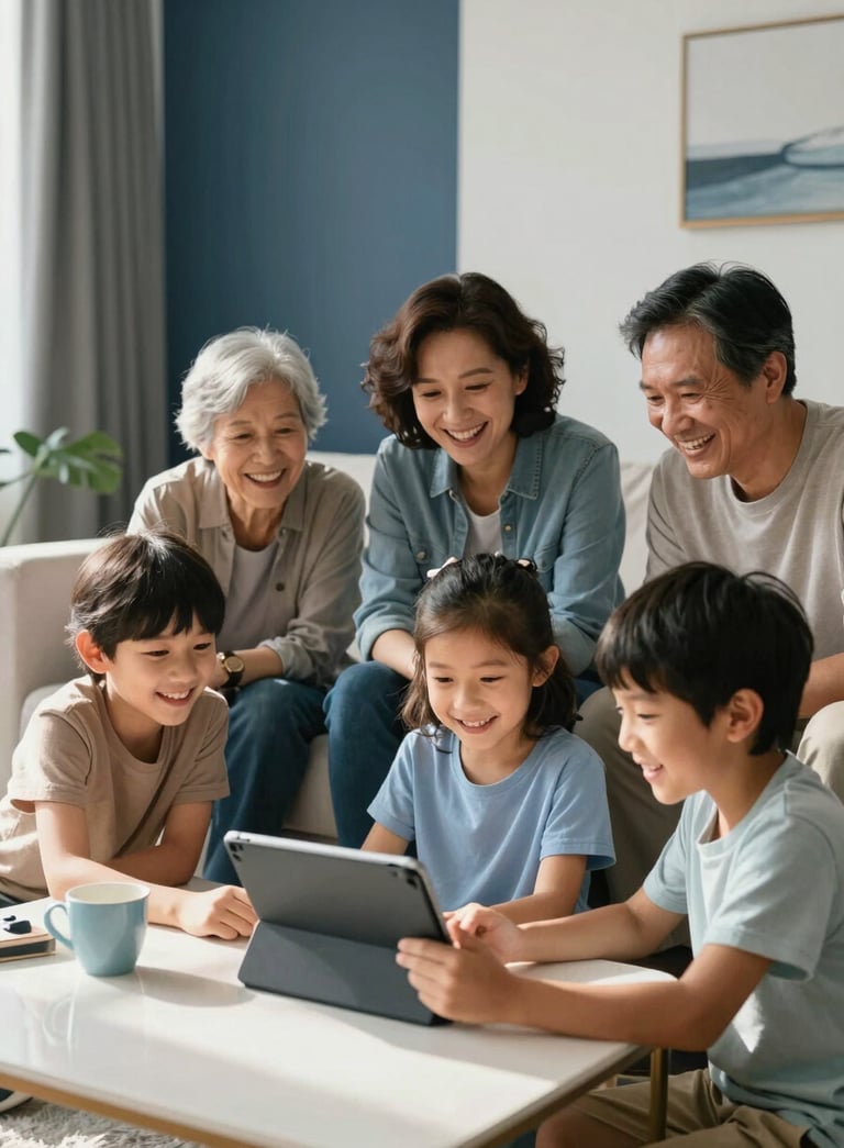 A candid shot of a multi-generational family laughing together in a modern, off-white living room while playing an engaging game on a tablet. Natural light streams in. Global / English-speaking setting with dark blue and pale blue decor elements.