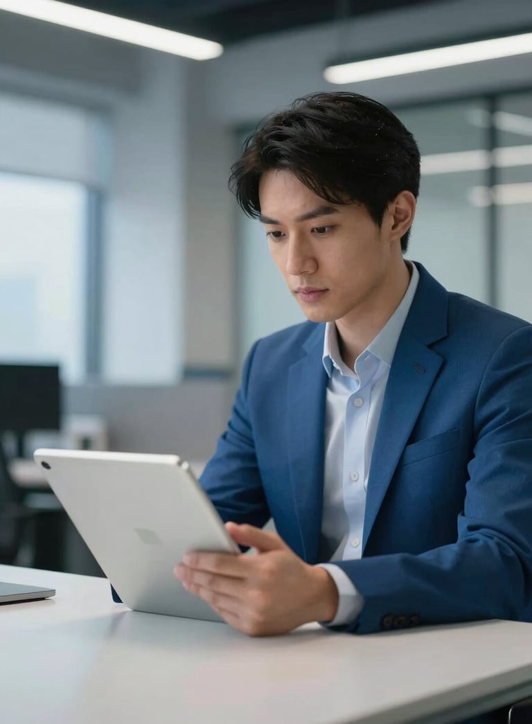 A professional in a modern North American / US office looking at a sleek tablet, Pearl Mist and Deep Ocean Blue lighting, clean and minimalist photography style.