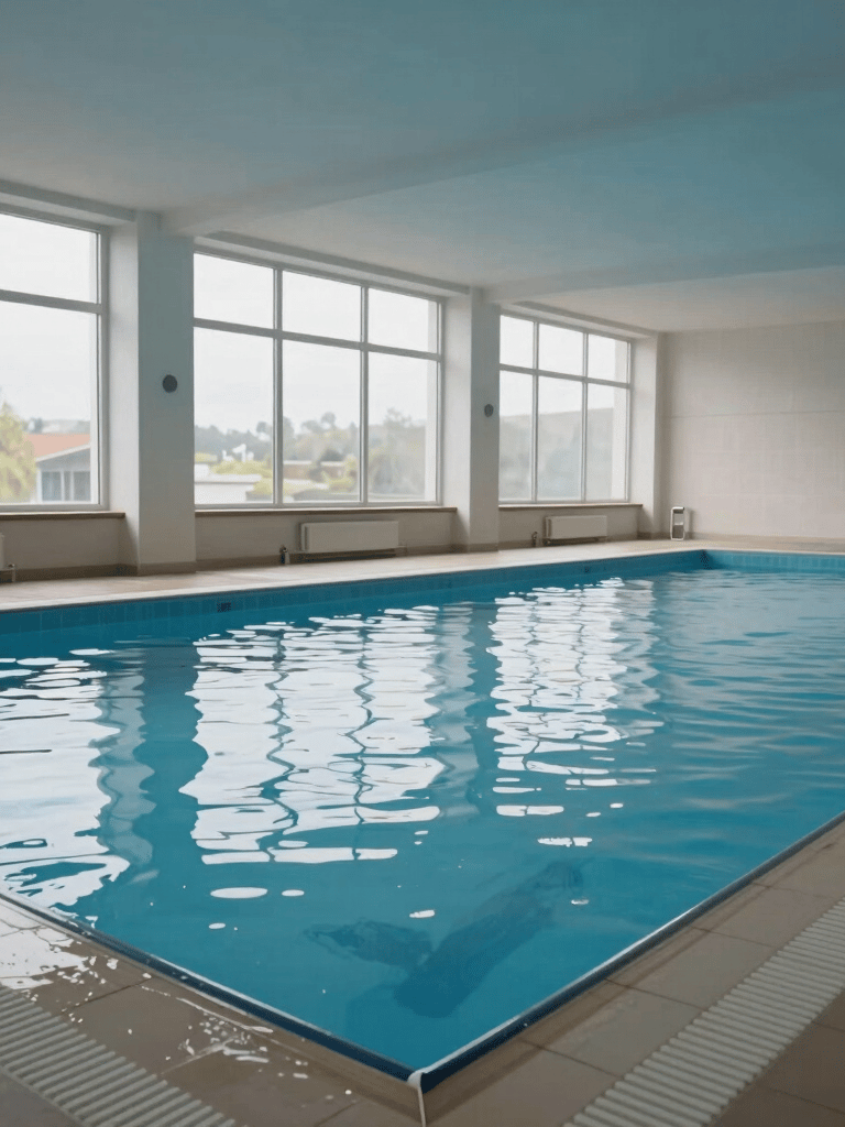 A professional wide-angle shot of a clean, bright indoor swimming pool in Central Europe. Large windows let in soft natural light, reflecting on the calm navy blue water. The atmosphere is quiet, safe, and professional.
