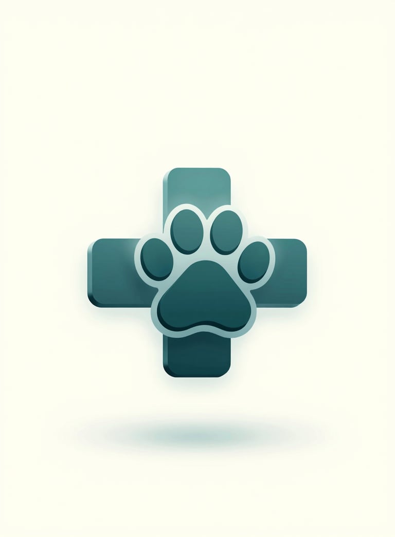A modern 3D floating icon of a medical cross merging with a paw print, surrounded by soft glowing light. The design is sleek and professional, utilizing #4F6C5B and #9BB4A6, set against a clean off-white background.