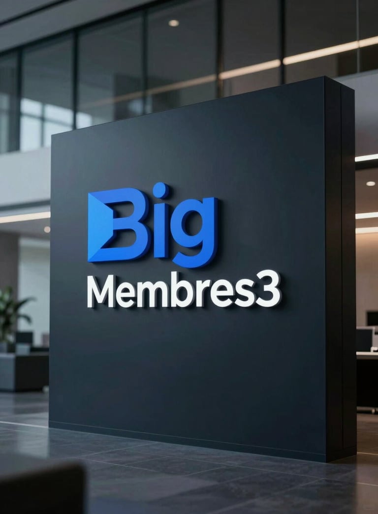 A high-tech IT company logo display for 'Big Membres' in a corporate lobby, featuring a dark blue and black color palette (#0A1429), sophisticated cinematic lighting, reflecting professional excellence and modern technology.