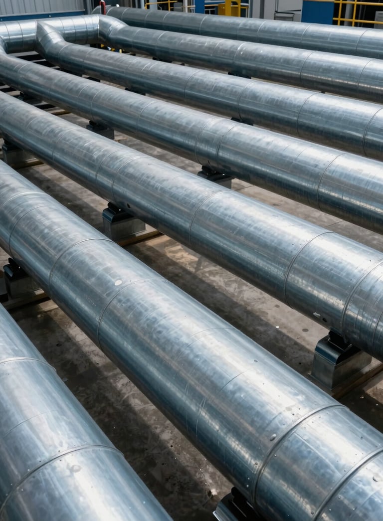 A professional wide-angle shot of a modern industrial facility featuring organized rows of large galvanized steel air ducts. The surfaces reflect a soft grayish blue and deep navy palette under crisp studio lighting.