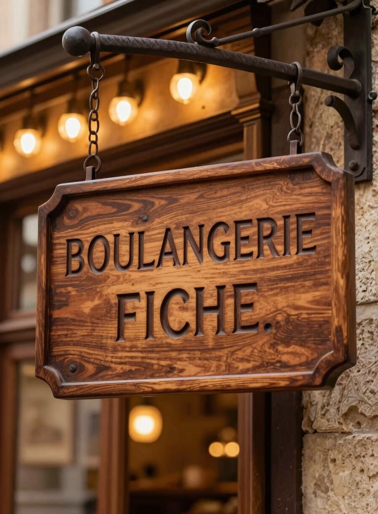 A rustic wooden sign with the words BOULANGERIE FICHE elegantly engraved in dark chocolate brown wood, hanging outside a charming French storefront decorated with warm golden lights.