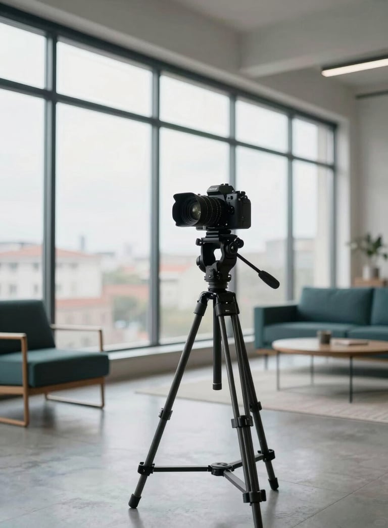 A professional creator recording a video course in a bright, modern US loft with floor-to-ceiling windows, high-tech camera on a tripod, minimalist furniture, charcoal and teal accents.