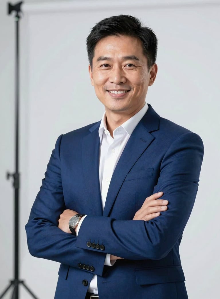 A professional portrait of a marketing expert in a royal blue suit, smiling confidently in a modern studio with soft white lighting.