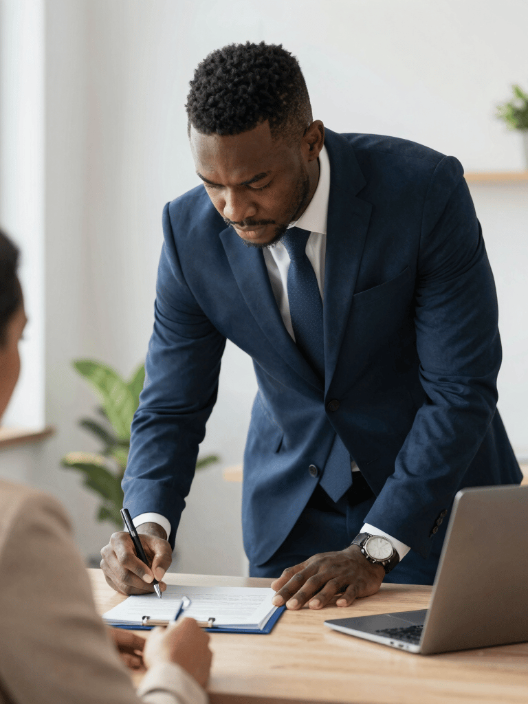 A professional notary in navy blue attire carefully reviewing documents at a sleek, minimalist desk.