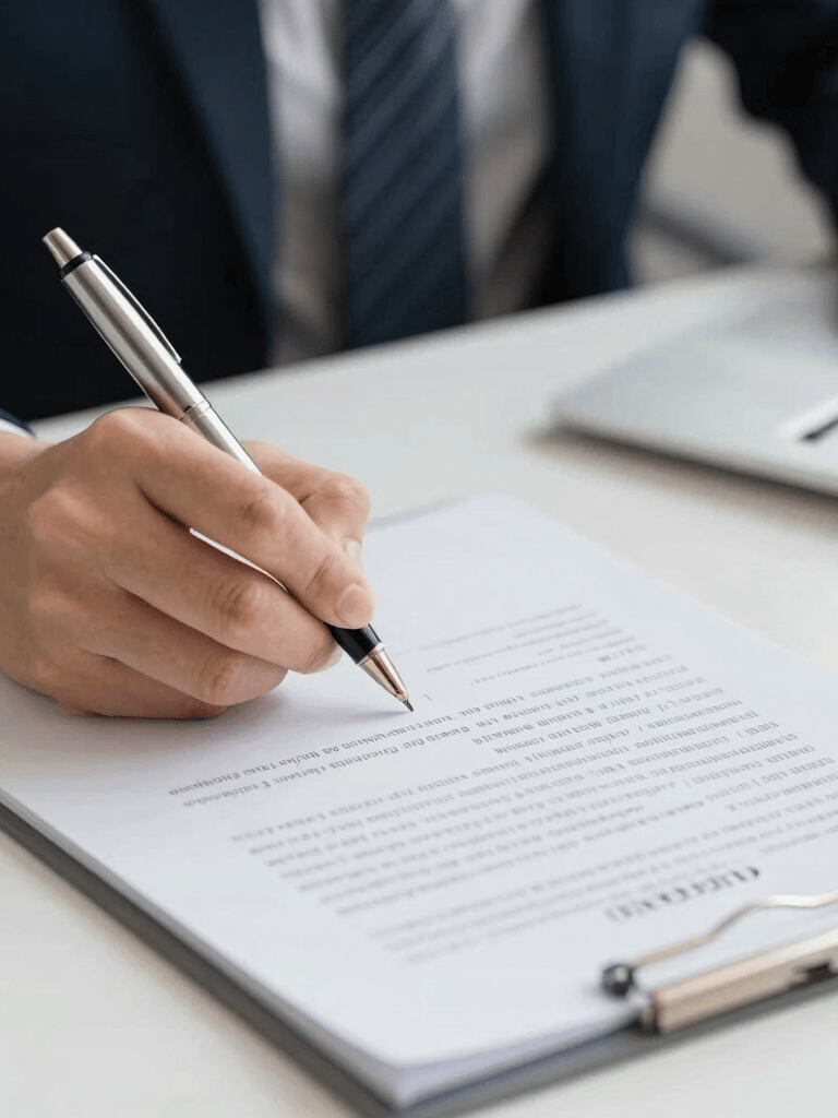 Close-up of hands signing a real estate closing document with a gold pen on a charcoal gray surface.