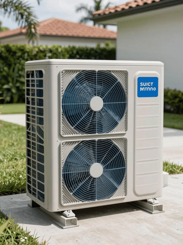 A high-end modern outdoor central air conditioning unit installed on a concrete pad in a sunny North American / US / Miami residential yard, bright daylight, clean engineering aesthetic, palette colors of cool blue and silver.